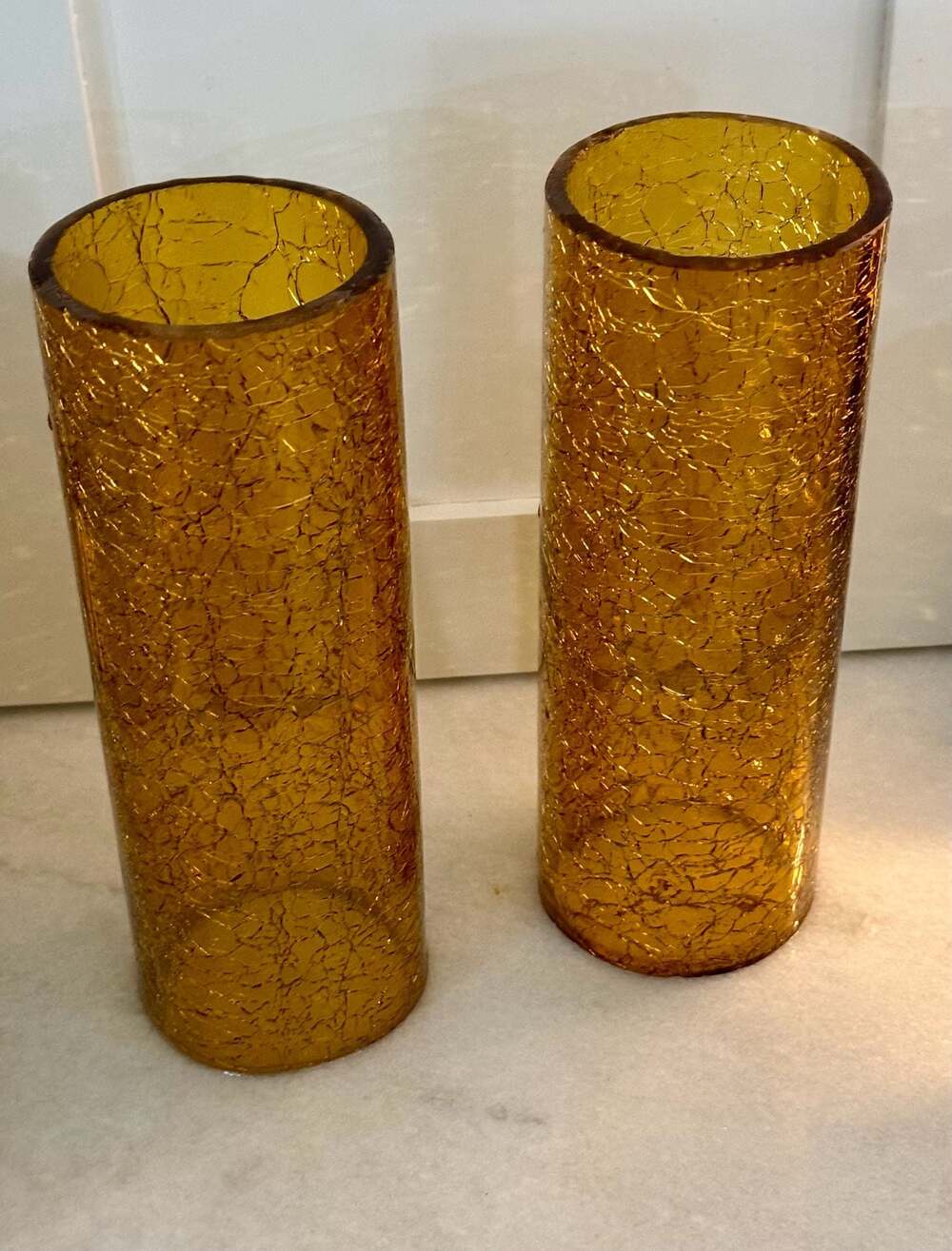 RARE Pair VTG Blenko Jonquil Yellow Crackle Glass Hurricane Chimney Shades